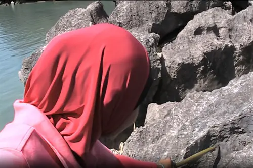 Guide Haria showing a fossil